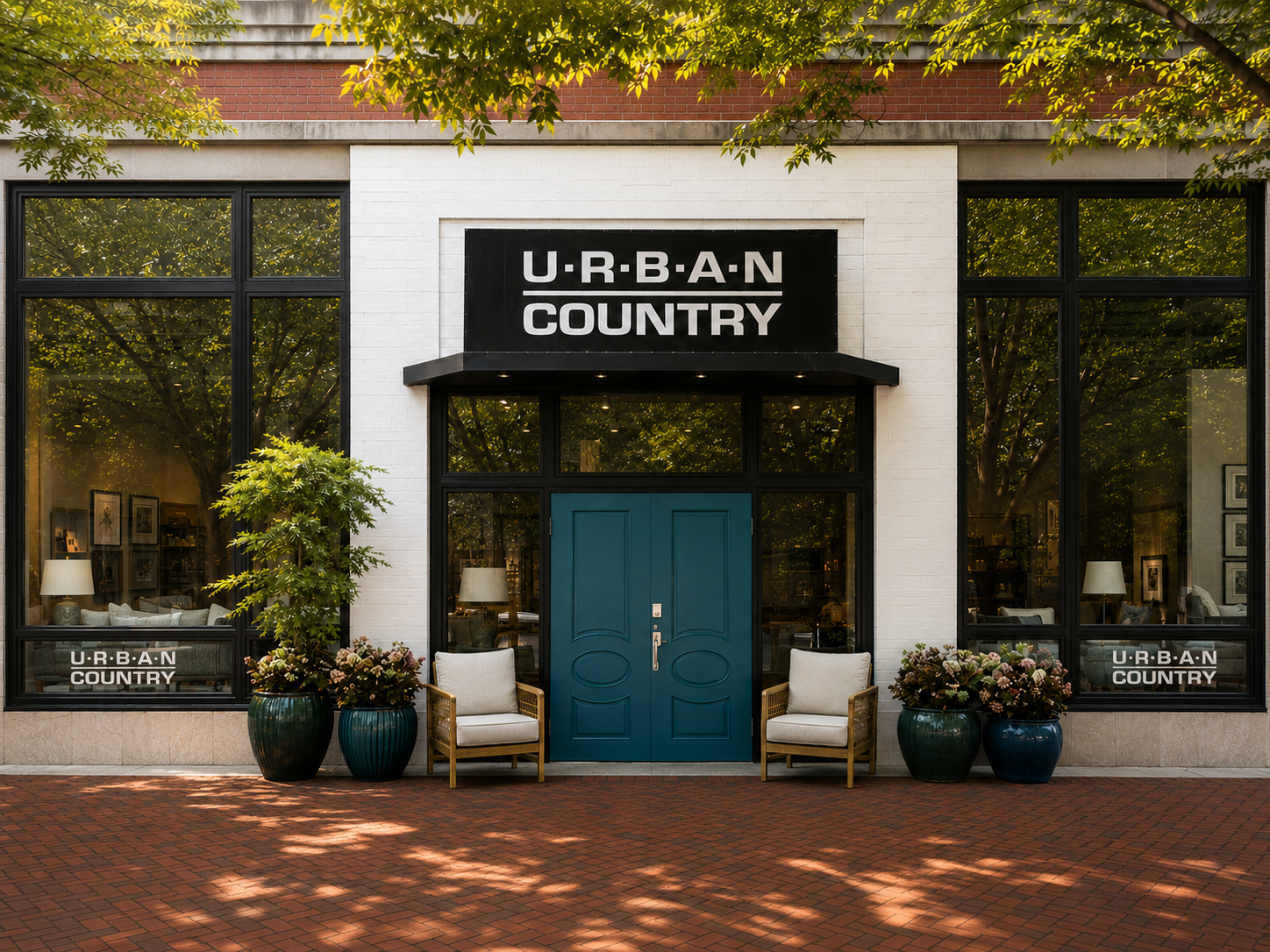 Urban Country storefront in Bethesda, with its sign, teal entrance doors, black-framed windows, and leafy trees